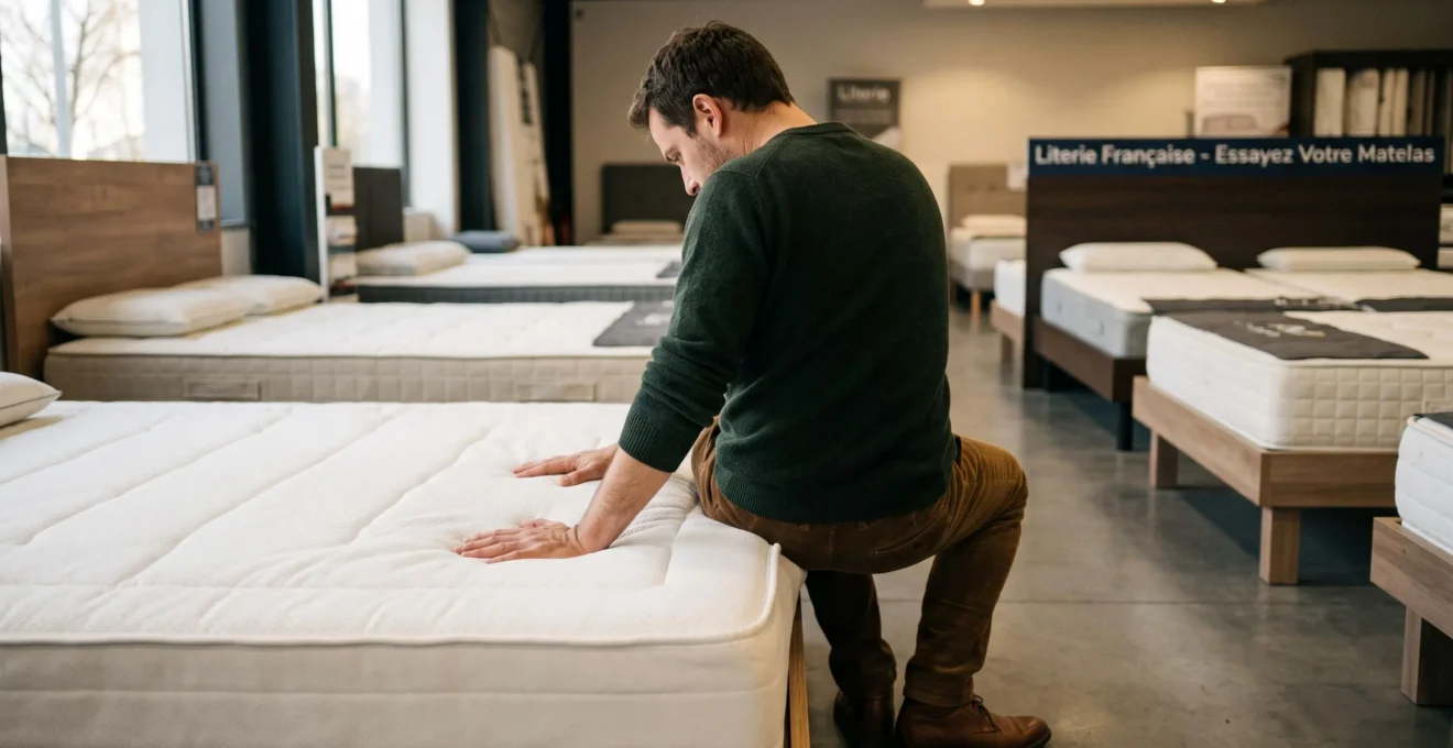 Un homme assis au bord d'un matelas compare la fermeté avec ses mains en magasin.