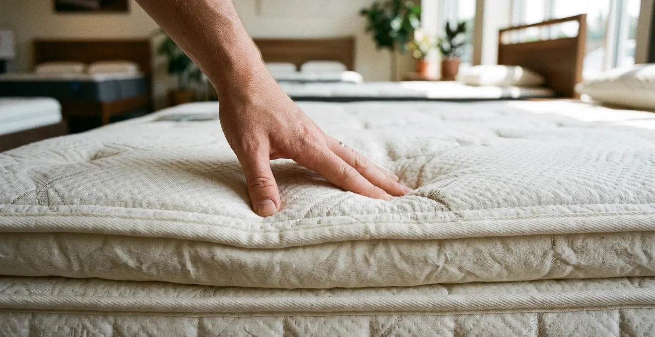 Une main appuie sur la surface ferme d'un matelas pour tester sa résistance.
