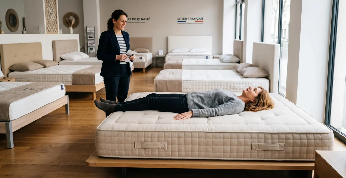 Une personne teste un matelas allongée dans un magasin de literie en France.
