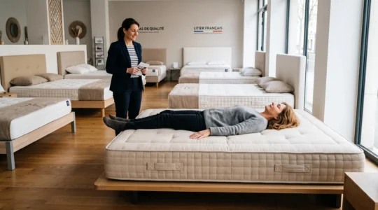 Une personne teste un matelas allongée dans un magasin de literie en France.